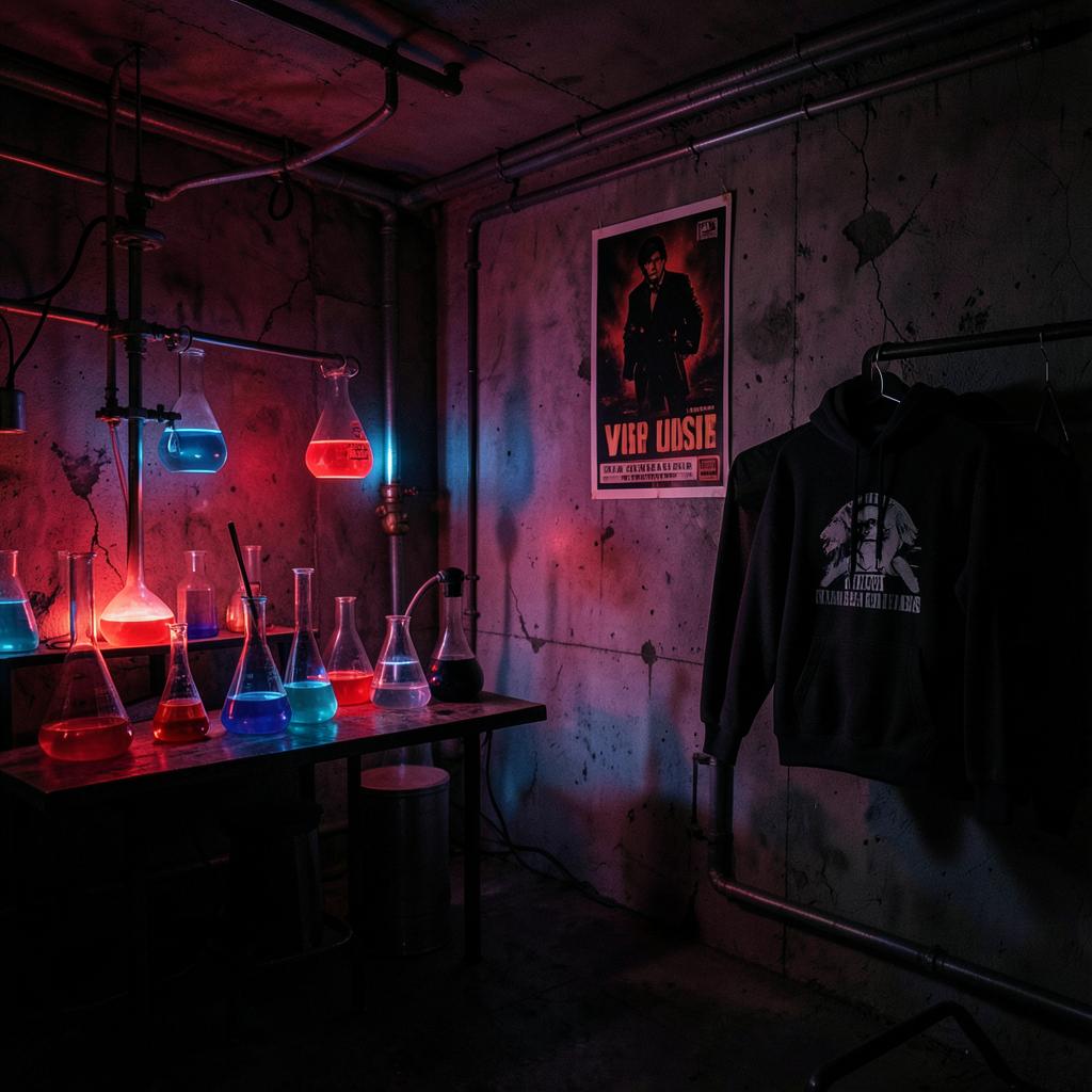 The Zombie Labz basement lab lit by red and blue neon
